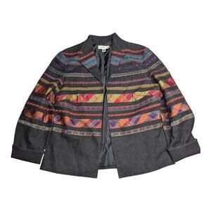 Vtg Y2K Coldwater Creek Black Colorful Tribal Plaid Striped Blazer Jacket 12